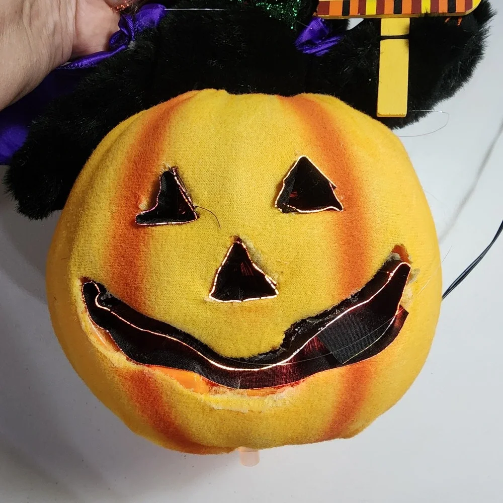 VTG Fiber Optic Halloween Black Cat Pumpkin Welcome Sign Light Up Decor 14 inch